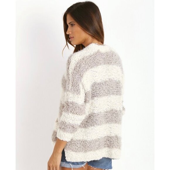 FREE PEOPLE Gray + Cream Stripe Popcorn Knit Ultra-Soft Cardigan Sweater Size XS - Picture 2 of 9